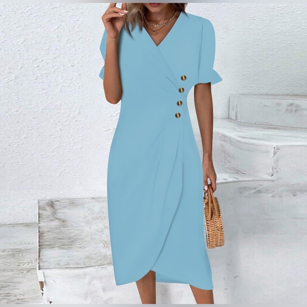 Women’s Blue Wrap Style Short Sleeve Summer Dress / XL
